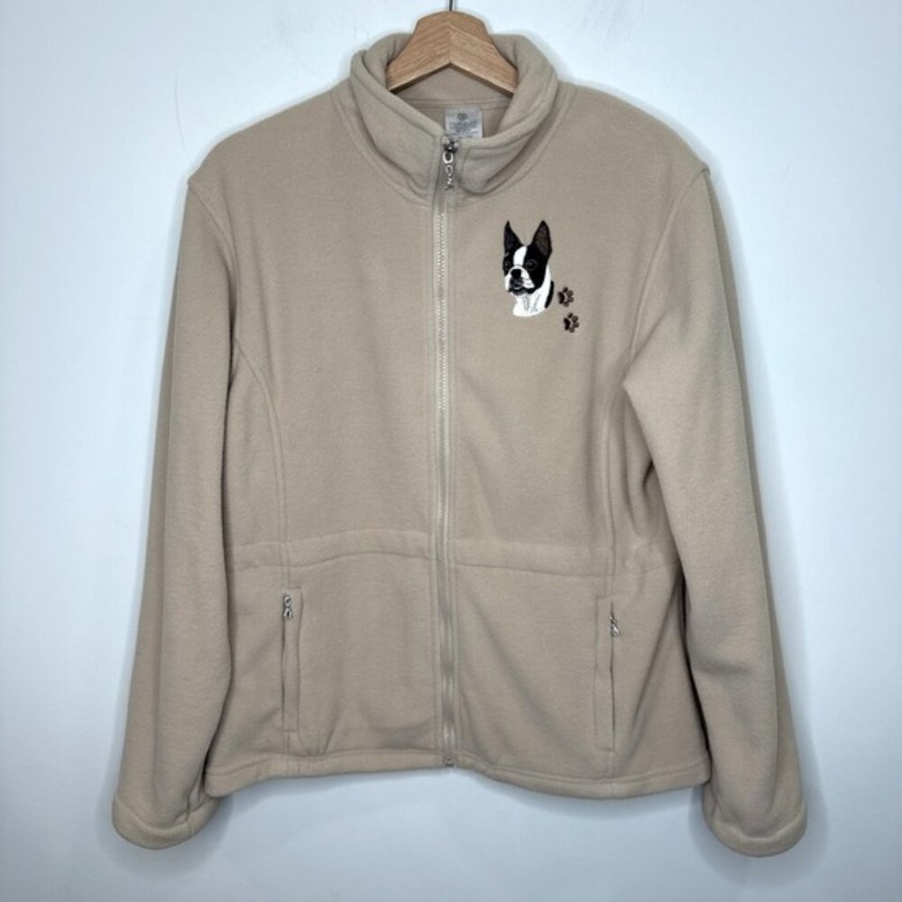 Boston Terrier Bradford Exchange Fleece Jacket Coat Womens L Tan Dog Embroidered